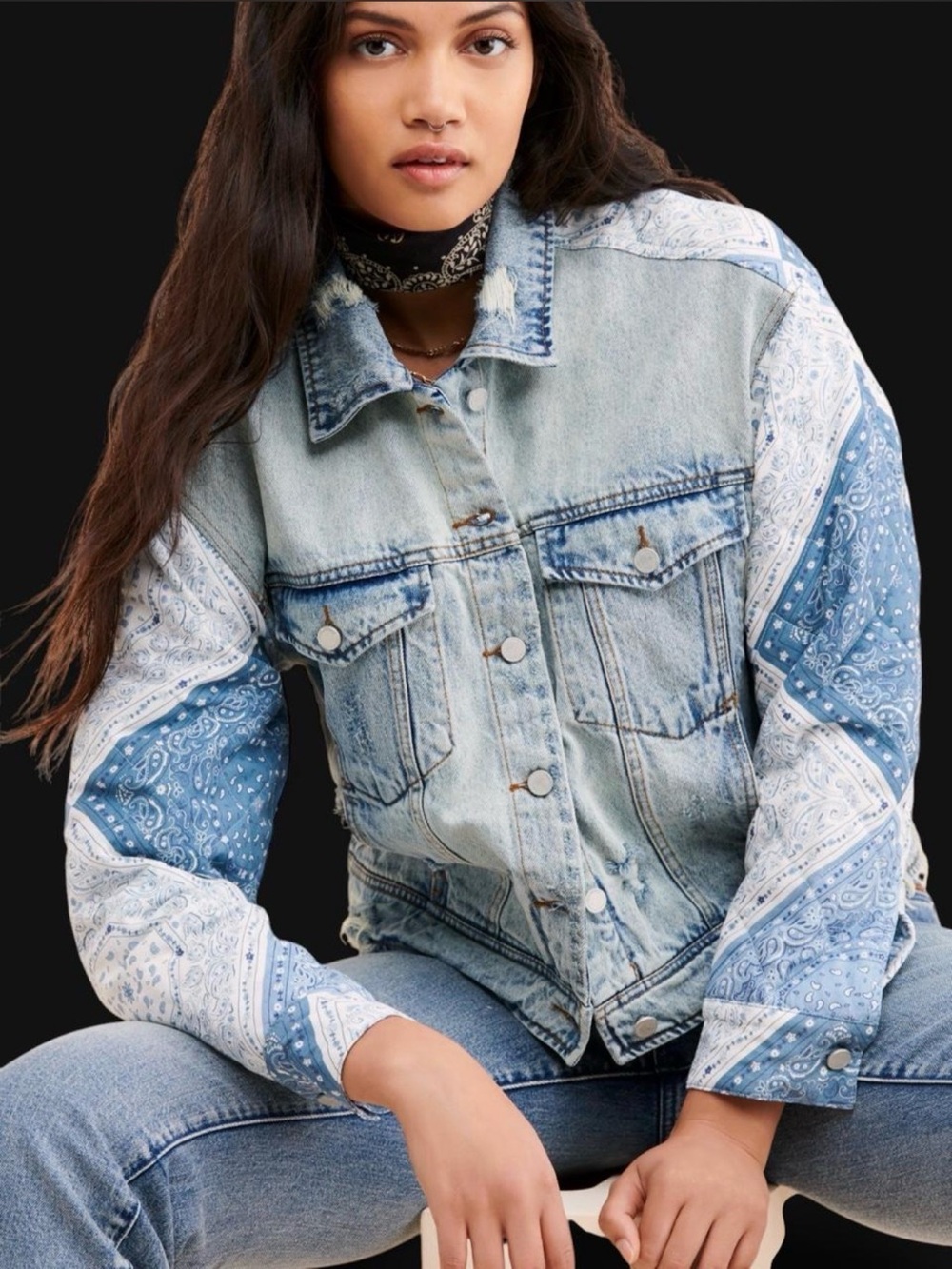 Blank NYC Light Blue Patchwork Bandana Sleeve Denim Jacket